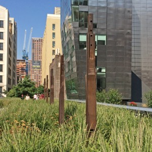 temporary exhibit of old rail tracks as sculptures